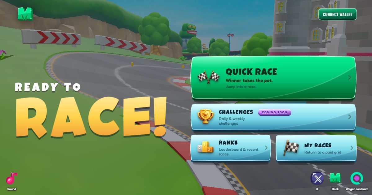 MotoKart's main menu over a 3D race track: a large Ready to Race headline and a Quick Race button that reads Winner takes the pot